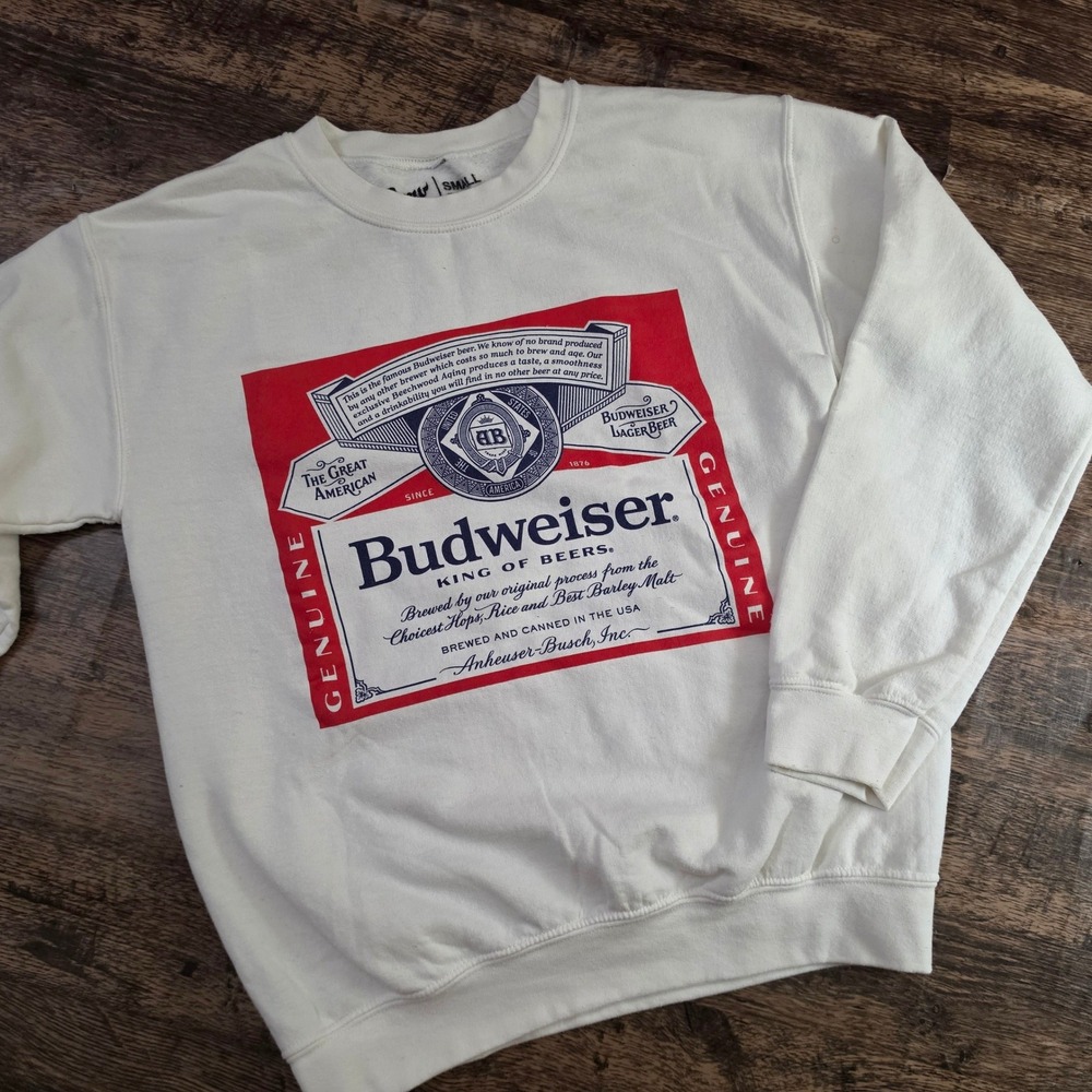 BREW CITY Budweiser Sweatshirt Mens Small White Graphic King of Beers Crewneck